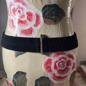 Vintage Chic Black Stretchy Belt with Silver Rhinestones Slide Bar Accents